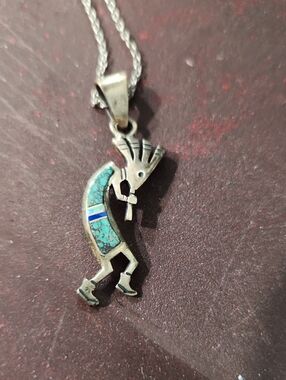 Native Kokopelli Pendant Necklace with Turquoise and Blue Inlay